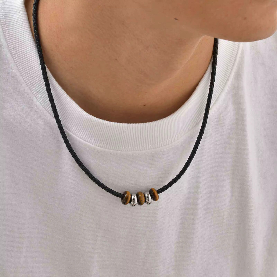 prjewel Halskette Edelstahl, Perle, Tigerauge, Herren, Vintage - Bild 2
