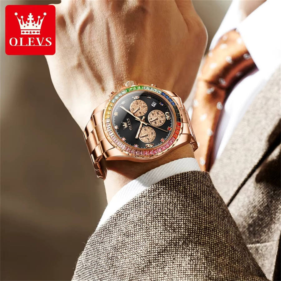 OLEVS Chronograph Herrenuhr, Edelstahl, Quarz, Regenbogen-Edelsteinlünette, Bunt - Bild 2