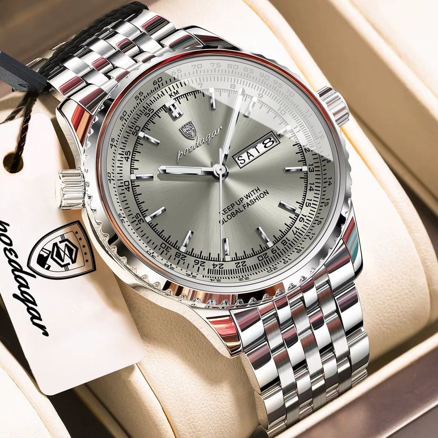POEDAGAR Armbanduhr Quarz, Edelstahl, Silber, Datum, Wochentag, Herren - Bild 2