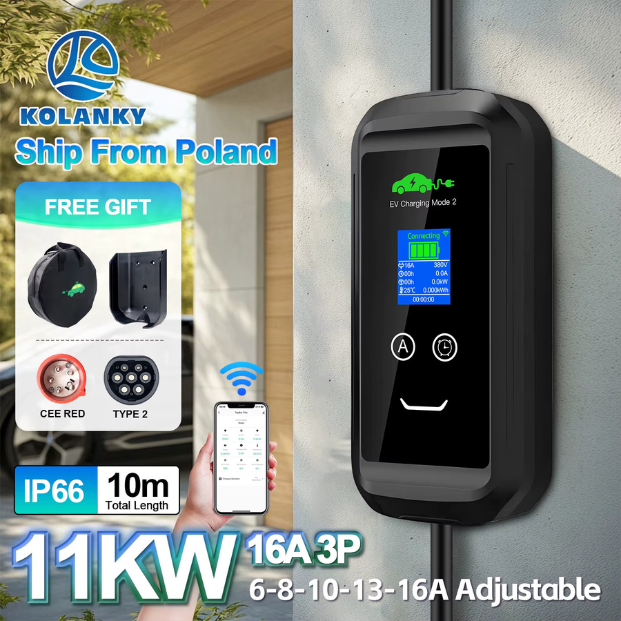 Kolanky EV-Ladegerät Heimladestation mit 11KW, einstellbar 6/8/10/13/16A, WLAN und Bluetooth via Tuya App, EU IEC 62169 Stecker, Schwarz, Kabellänge: 10 m - Bild 2