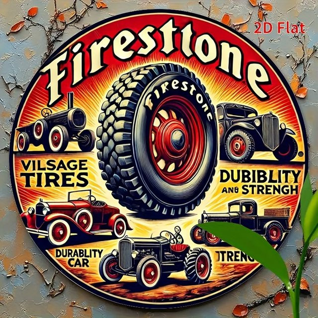 Vintage Firestone Reifen Metall Wandkunst Schild von Potdemiel, Retro Aluminium Deko mit klassischem Auto- und LKW-Design, B/H: 20,3 x 20,3 cm - Bild 1