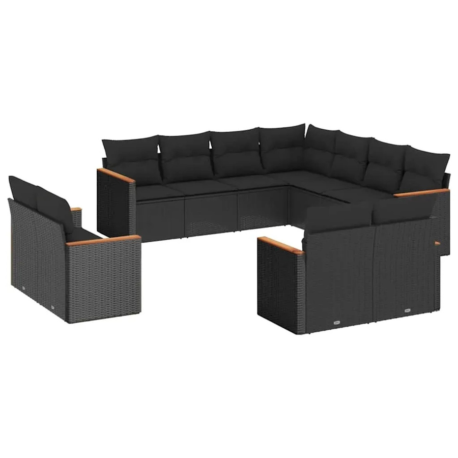 vidaXL 11-teilige Garten-Sofagarnitur in U-Form aus Poly-Rattan und Akazienholz mit Kissen in Schwarz - Bild 2