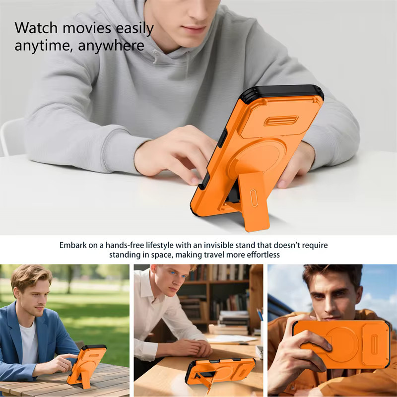 Magnetische MagSafe Schutzhülle von newteneight für iPhone 17 Air, 16 E, 15, 14, 13 Pro Max Plus Mini in Orange mit 3-in-1 versteckter Linse und klappbarem Ständer - Bild 5
