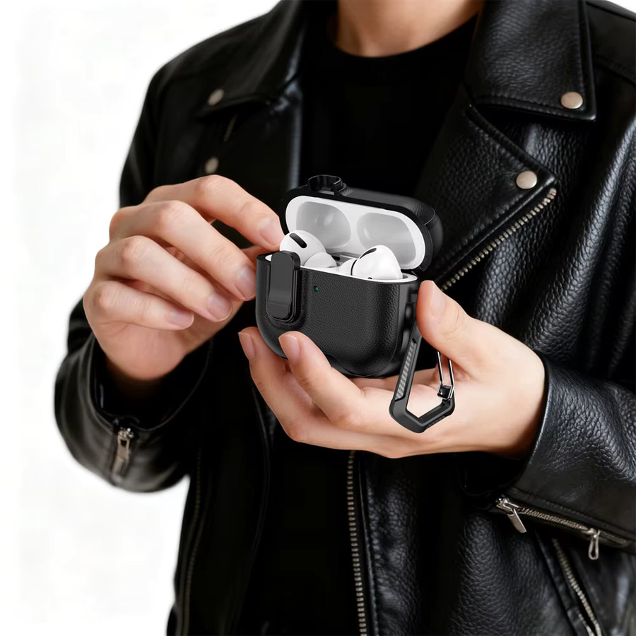 XhaoR Schutzhülle für AirPods Pro 2 mit Schlüsselanhänger und integriertem Telefonständer aus Lederstruktur in Schwarz oder Gelb - Bild 5