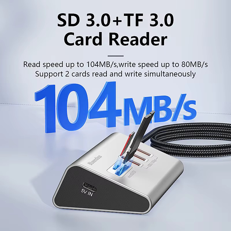 Blueendless 4-in-1 USB 3.2 Gen2 10Gbps Aluminium USB-C und USB-A Hub mit 5 Ports sowie TF-SD-Kartenleser in Silber für PC, Laptop und MacBook - Bild 3