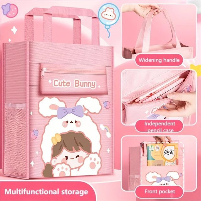 Vielseitige Aufbewahrungstasche für Schulbücher mit Cartoon-Muster und Fronttasche in Blau oder Pink - Bild 1