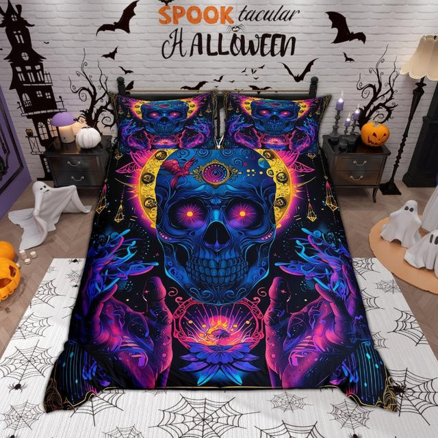 Halloween Bettwäsche Set mit Hippie Totenkopf und Zuckerschädel Design, Creative Homewares, B/H: 135 x 200 cm - Bild 1
