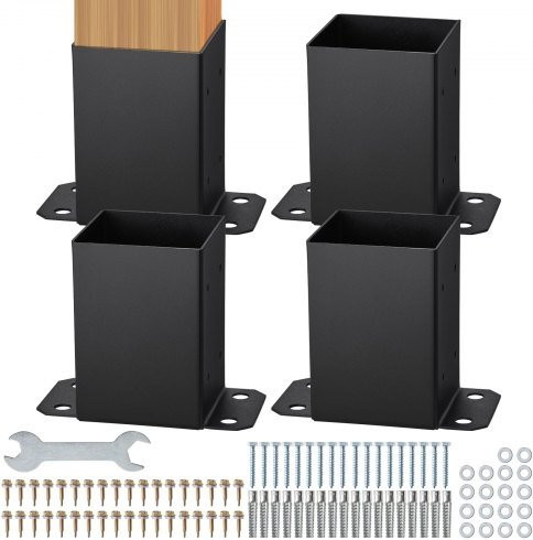 VEVOR Pfostenhalterung Set 4 Stück, Heavy Duty Pfostenanker aus Stahl, Farbe: Mattschwarz, B/T/H: 101,6 x 101,6 x 9,6 mm, Innenmaß: 91 x 91 mm - Bild 1