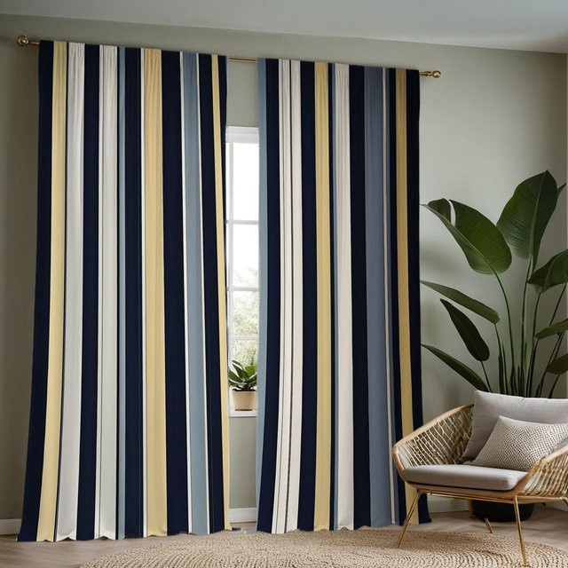 2 Stück Mediterrane gestreifte Vorhänge in Multicolour für Wohnzimmer und Schlafzimmer, halbtransparent, B: 132 cm, H: 160 cm - Bild 1