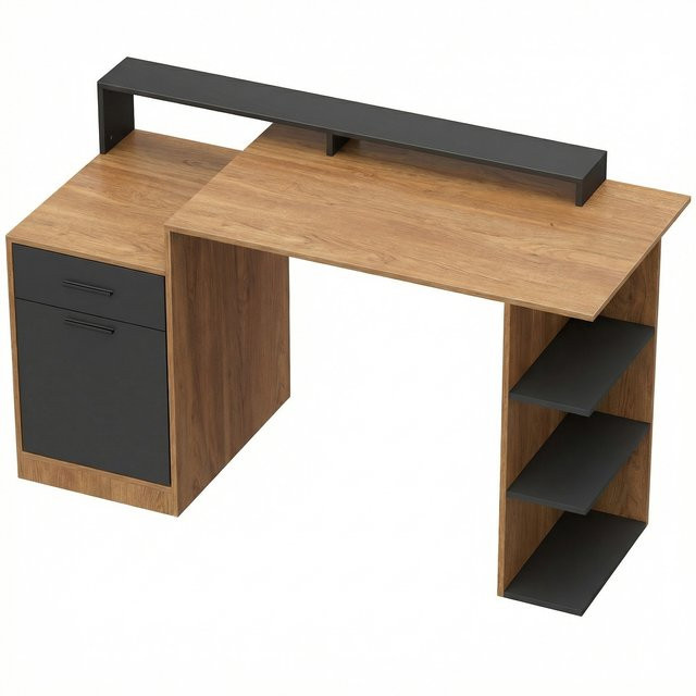 HOMCOM Bürotisch in Eiche mit Schubladen und Stauraum, moderner Computertisch mit Regal und Schrank für dein Arbeitszimmer, B/T: 140 x 60 cm - Bild 1