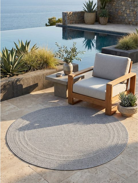 Outdoor-Teppich VENTOUX von Kadima Design in Grau mit Bordüre, rund, Durchmesser: 120 cm - Bild 1