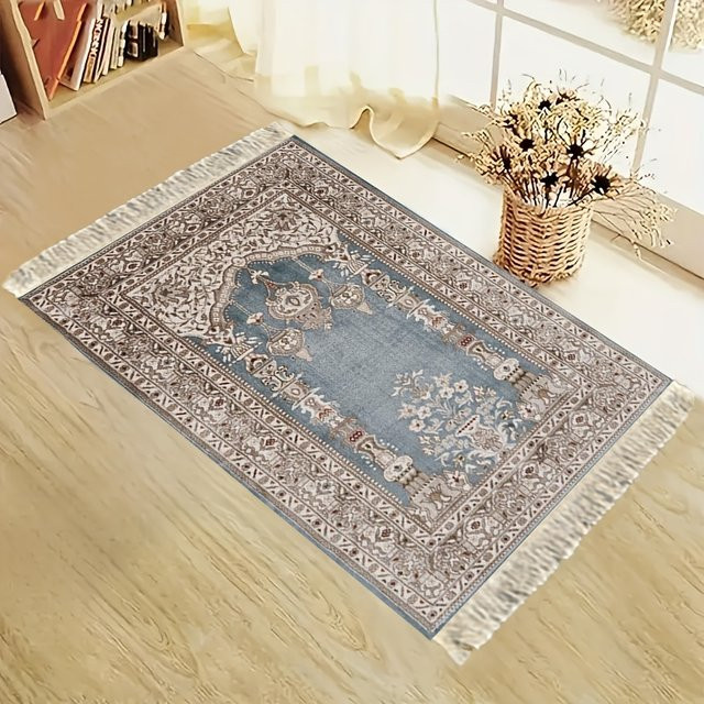 VIKAMA Gebetsteppich Vintage Blau mit Blumenmuster, rutschfeste islamische Gebetsmatte mit Quastenrand für Zuhause und Schlafzimmer - Bild 1