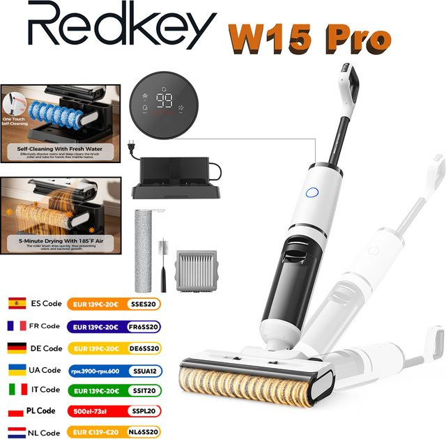 Redkey W15 Pro 3-in-1 Kabelloser Nass-Trocken-Staubsauger mit Selbstreinigung und 55 °C Trocknung in Weiß - Bild 1