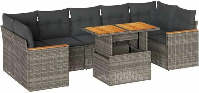 vidaXL 8-tlg Garten-Sofagarnitur in L-Form aus Polyrattan und Akazienholz mit grauen Kissen - Bild 1