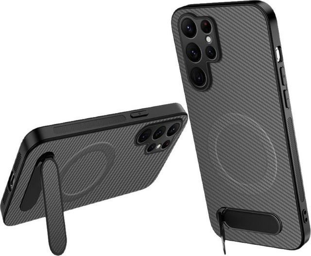 Magnetische Schutzhülle mit Carbonfaser-Textur und faltbarer Halterung für Samsung Galaxy S26 S25 S24 Plus Ultra, Schwarz - Bild 1