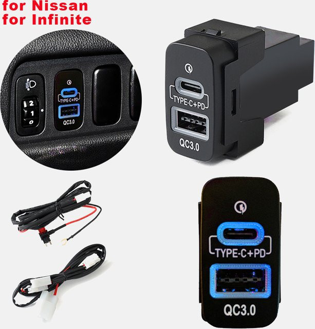 Kebidumei USB-Autoladegerät mit PD Typ-C und QC3.0 Schnelllade-Schnittstelle in Schwarz für Nissan Patrol Y62, X-TRAIL, SUNNY, SYLPHY und Teana - Bild 1