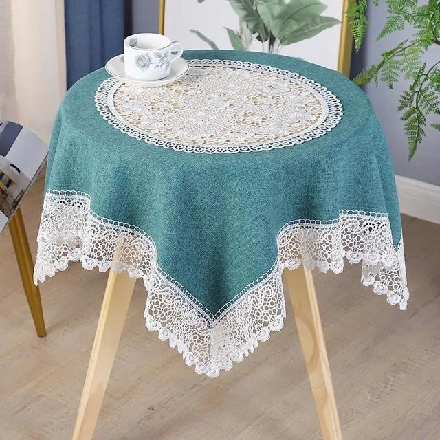 Runde Tischdecke WTEMPO aus Polyester mit Spitze in Blau, Durchmesser: 105 cm - Bild 1
