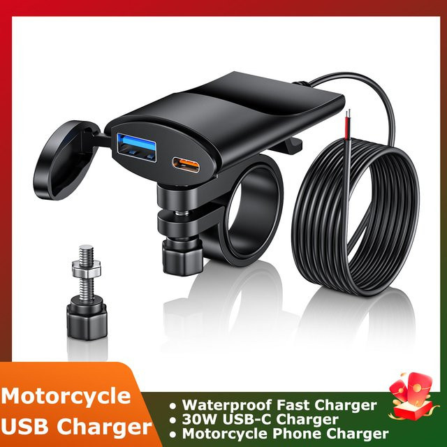 48W Dual Port Motorrad Ladegerät mit Lenker Montage Halterung, IP67 Wasserdicht, Schwarz - Bild 1
