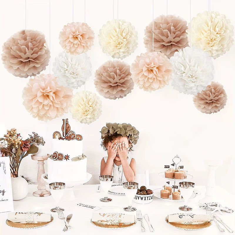 12 Stück runde Papierblumen aus Seidenpapier in Creme Weiß für deine Dekoration zum Geburtstag - Bild 1