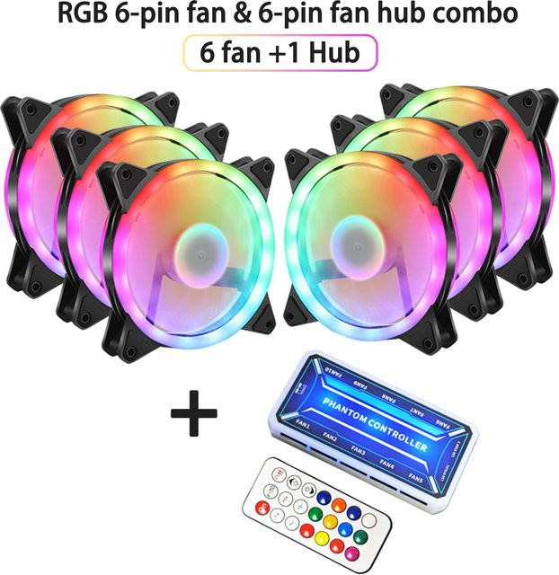 AuyiHomu 7-teiliges RGB Gehäuselüfter Set mit 6-Pin Lüfter-Hub und Fernbedienung, 12cm Multicolor Gehäuselüfter mit Vorwärtsstrom-Technik - Bild 1