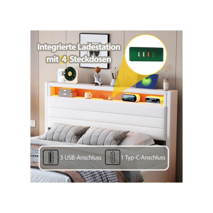 MUVOE Gepolstertes Bett mit Stauraum und USB-Ladeanschluss, Beige, Leinenstoff, B/T: 140 x 200 cm - Bild 2