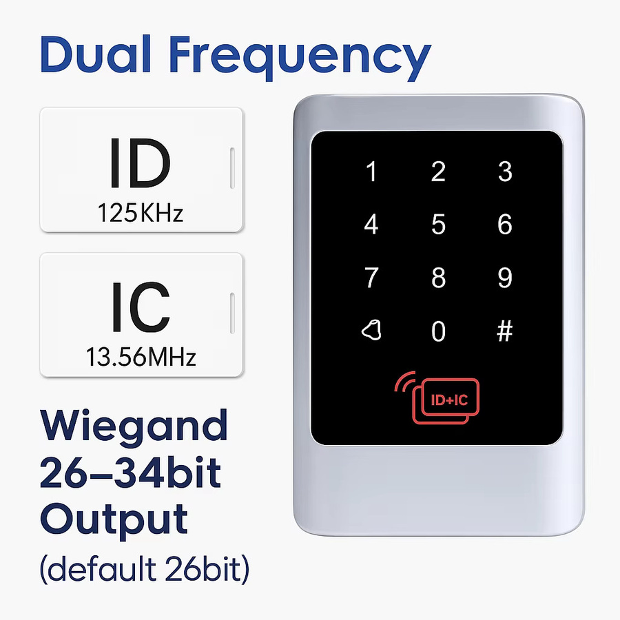 WITSNK Dual-Band RFID und PIN Zugangskontrollleser mit Tastatur, 125KHz ID und 13,56MHz, IP68 wasserdicht, Wiegand 26-34Bit, Metall, Silber - Bild 2