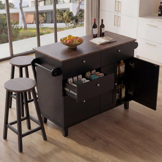 Kücheninsel MCW-P62 mit 2 Sitzhockern und Staufächern in Schwarz und Dunkelbraun, H x B x T: 90 x 131 x 47 cm - Bild 3