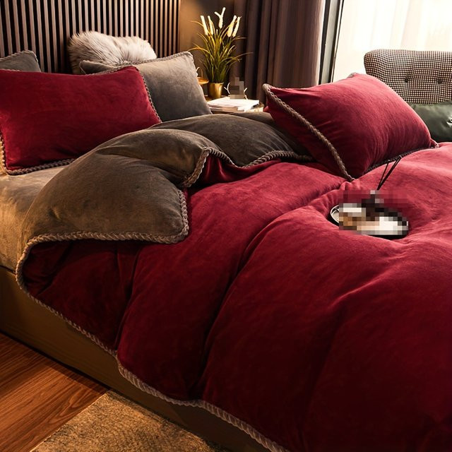 Doppelseitige Winterbettwäsche aus Milchsamt in modernem Design, antistatischer einfarbiger Bettbezug für Erwachsene, B/H: 150 x 200 cm, Grau und Rot - Bild 1