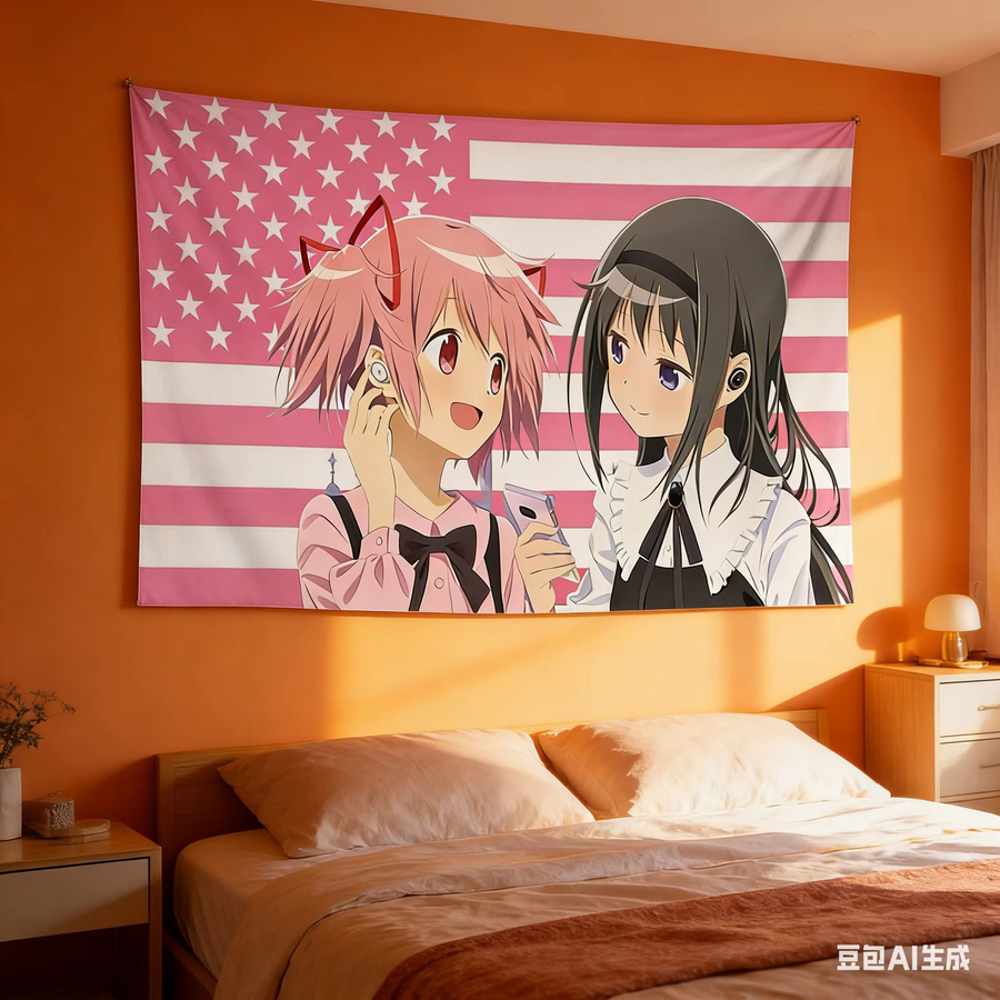 Anime Wandteppich Madoka & Homura mit USA-Flaggen-Druck in Rosa, Polyester Wandbehang für dein Schlafzimmer oder Wohnzimmer, Breite: 60 cm, Höhe: 40 cm - Bild 4