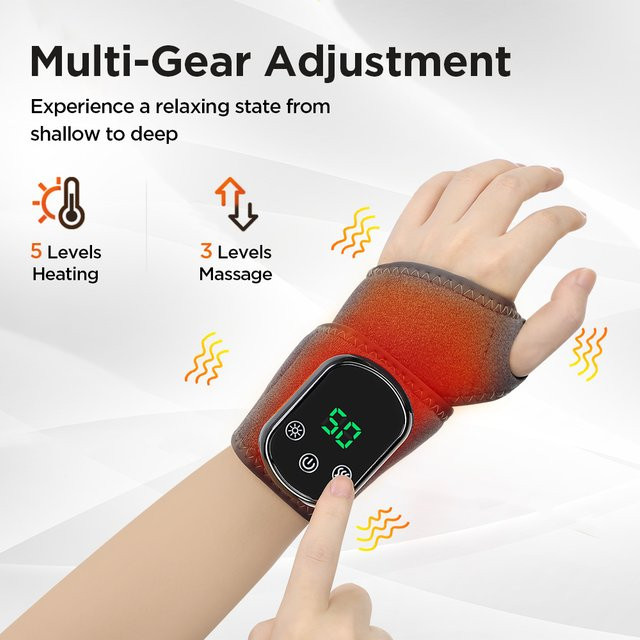 Hailicare Elektrisches Handgelenk-Massagegerät mit Heizfunktion und Vibration in Grau, USB wiederaufladbar mit 5 Gängen und verstellbarem Band - Bild 1