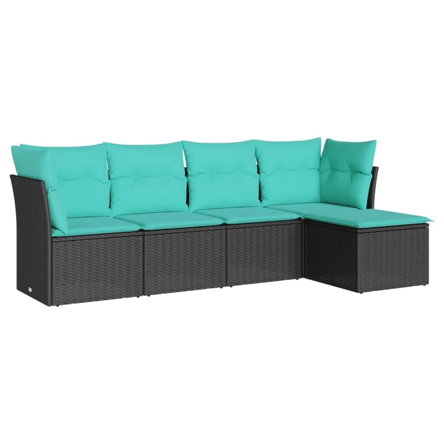 vidaXL 5-teilige Garten-Sofagarnitur in L-Form aus schwarzem PE-Rattan mit blauen Polsterkissen und pulverbeschichtetem Stahlgestell - Bild 1