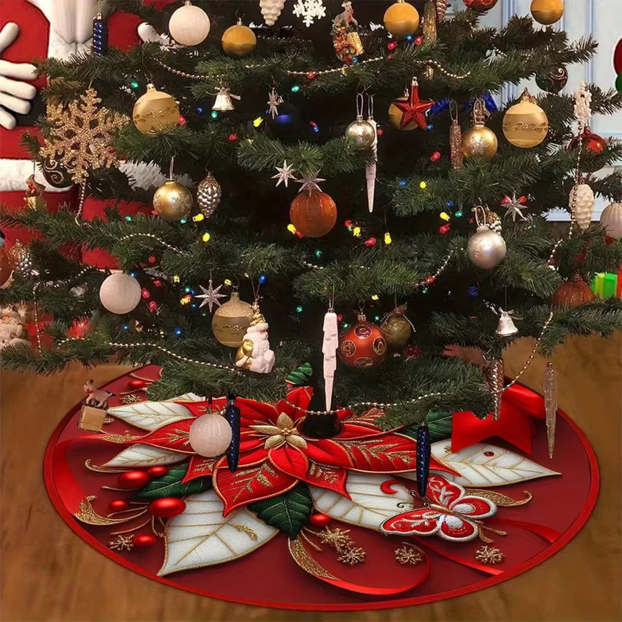 VIKAMA Weihnachtsbaumrock mit floralem Blumenmuster in Rot für deine Winterdekoration - Bild 3