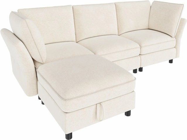 Merax Ecksofa L-Form in Beige mit passendem Hocker und Stauraum, modernes Modulares Stoffsofa für dein Wohnzimmer - Bild 1