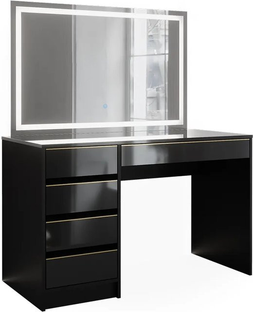 Vicco Schminktisch Sherry in Schwarz Hochglanz mit Gold-Akzenten, LED-Spiegel und 5 Schubladen, B: 120 cm, T: 75 cm, H: 75 cm - Bild 2