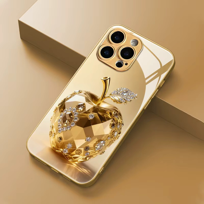 Luxuriöse Schutzhülle mit Apple-Muster aus goldmetallic lackiertem Glas für iPhone 18 17 16 15 14 13 12 11 Pro Max Plus und 17Air in Gold - Bild 2