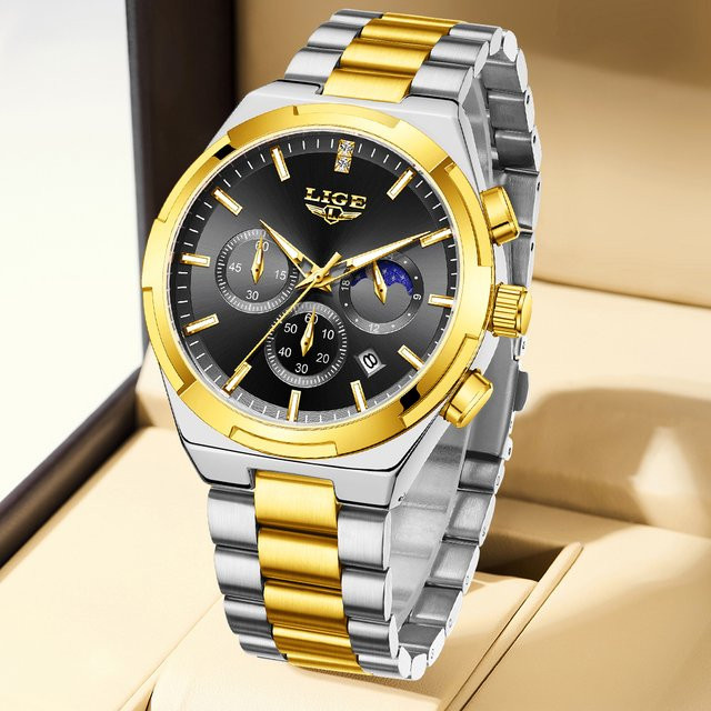 LIGE Armbanduhr Edelstahl, Quarz, Schwarz, Herren - Bild 1