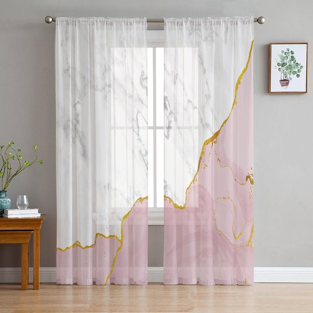 Transparente Voile-Fenstervorhänge von Your Warm Home in Weiß und Rosa mit Marmor-Design, B/H: 135 x 244 cm - Bild 1