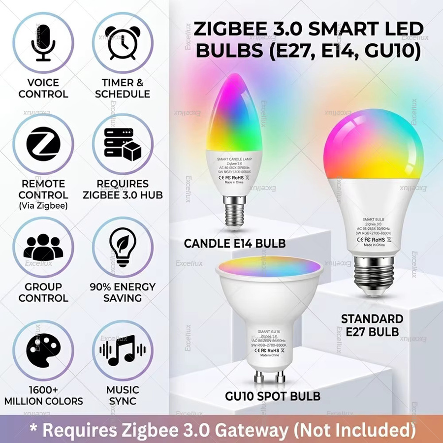 Excellux Zigbee 3.0 Smart-LED-Lampe RGBCW mit Farbwahl und dimmbarer Weißlichtsteuerung (2700-6500K), kompatibel mit Amazon Alexa und Home Assistant - Bild 4