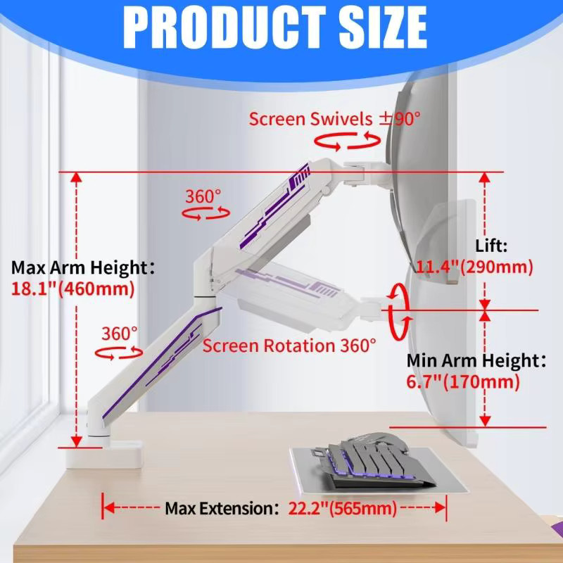 652F Ergonomischer Beobachtungsständer für Displays von 13 bis 49 Zoll mit luftbetriebenem Lift und Metallrahmen in Weiß - Bild 3