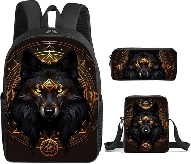 Wolf 3-teiliges Schultaschen-Set für Jungen und Mädchen mit Rucksack, Umhängetasche und Federmäppchen in Schwarz aus Nylon - Bild 1
