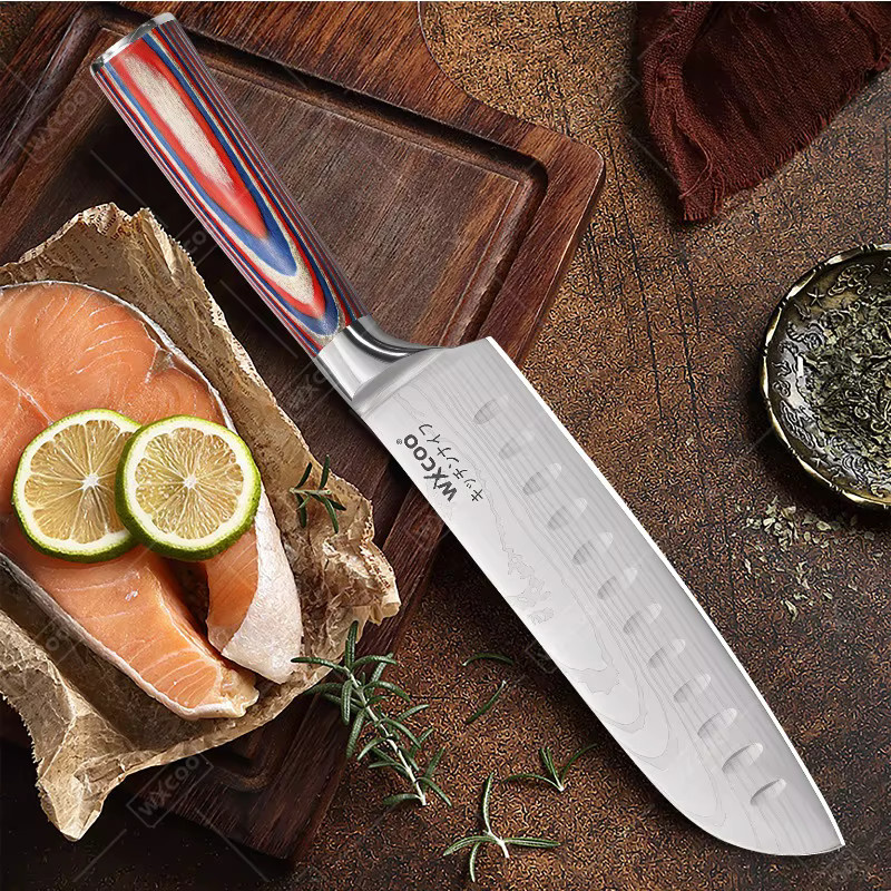 WXCOO Santoku-Messer aus japanischem VG10-Stahl mit Holzgriff, 17,78 cm, Mehrfarbig - Bild 5