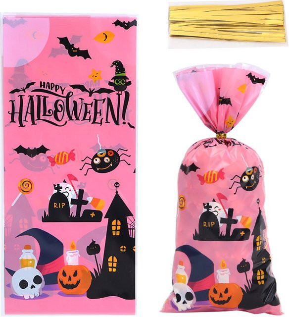 ZYF Halloween Süßigkeiten Taschen mit Reißverschluss in Rosa, Set mit 50 oder 100 Stück, Motiv Geist und Kürbis für Geschenke und Kekse - Bild 1