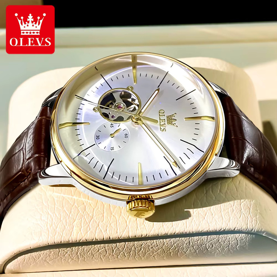 OLEVS Armbanduhr, Automatik, Edelstahl, Gold, Leder, Herren - Bild 3