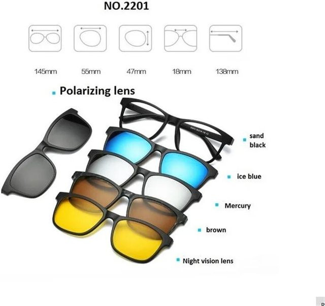 Yiran glasses Retro 5+1 Myopie Clip Sonnenbrille, Vollrand, Square, Kunststoff, Unisex, black - Bild 1