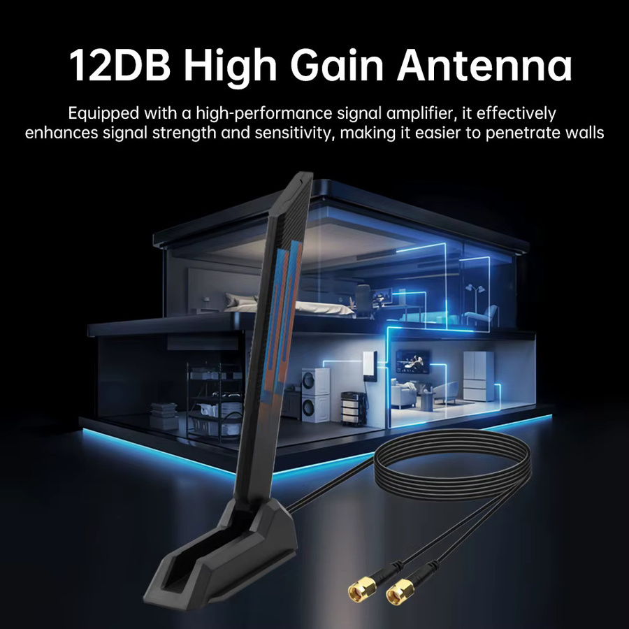 Fenvi WiFi 6E High Gain Tri-Band Antenne mit 12dBi Verstärkung, Schwarz, Länge: 140 mm, SMA Typ für PC Desktop - Bild 2