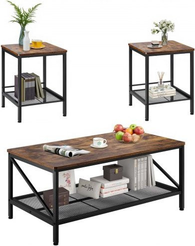 VEVOR 3-teiliges Wohnzimmertisch-Set im Industrial-Design mit Couchtisch und 2 quadratischen Beistelltischen, Farbe Braun, B/T/H: 105 x 60 x 46 cm und 45 x 46 x 46 cm - Bild 1