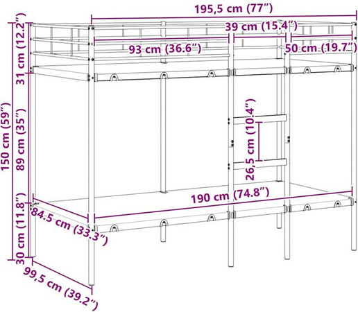 Yiwydaa Etagenbett aus Metall in Schwarz ohne Matratze, B/T/H: 100 x 190 cm
