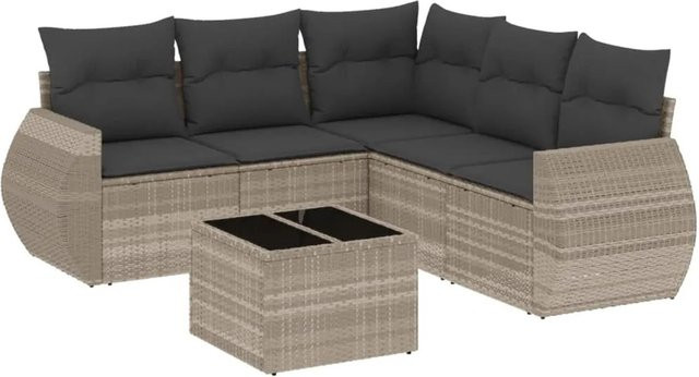 vidaXL 6-tlg Garten-Sofagarnitur in L-Form mit Couchtisch und Ottoman, Hellgrau, Poly Rattan und Metallrahmen - Bild 1