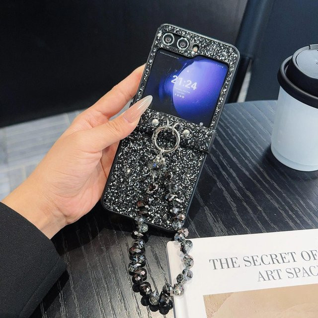 Bling Glitzer PU Lederhülle mit Perlen-Handgelenkkette in Schwarz für Samsung Galaxy Z Flip 6 5 4 3 - Bild 1