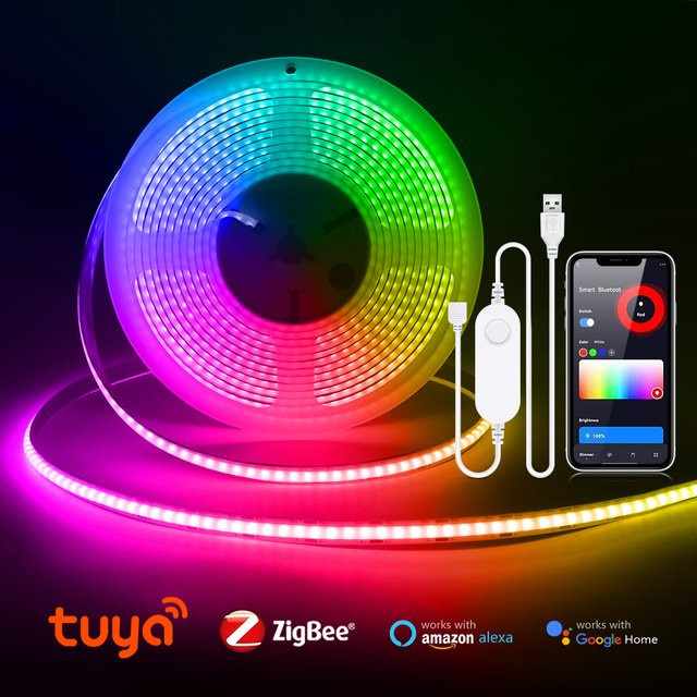 Rybakov Smart COB LED-Streifen RGB Multicolour mit ZigBee Tuya WLAN Controller, USB 5V, dimmbar, kompatibel mit Amazon Alexa, ideal für Küche, Schlafzimmer und Möbel-Akzentbeleuchtung - Bild 1
